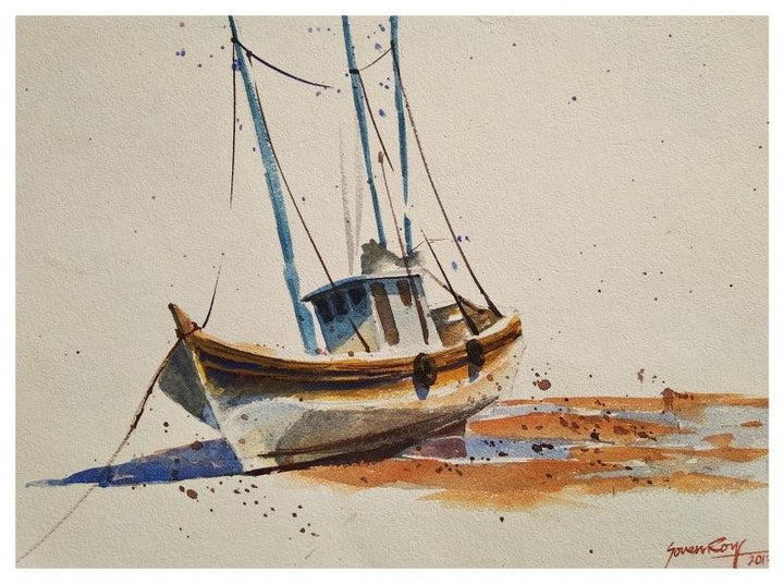 Other watercolor painting titled 'Lonely Boat', 14x10 inches, by artist Soven Roy on Handmade Paper