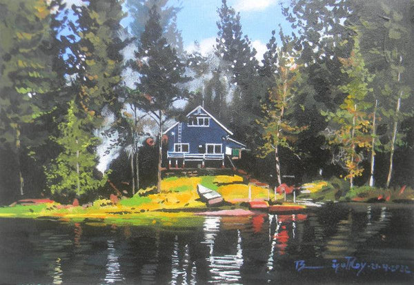 Landscape acrylic painting titled 'Lonely House In Forest', 11x16 inches, by artist Bipul Roy on Canvas