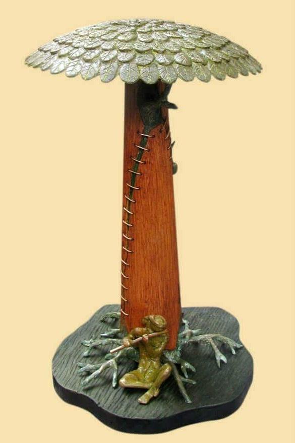 Figurative sculpture titled 'Lonely Tune', 24x14x14 inches, by artist Subrata Paul on Bronze, Wood