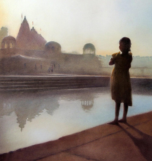 Cityscape dry pastel painting titled 'Looking At Ganga', 34x24 inches, by artist Nilesh Bharti on Paper