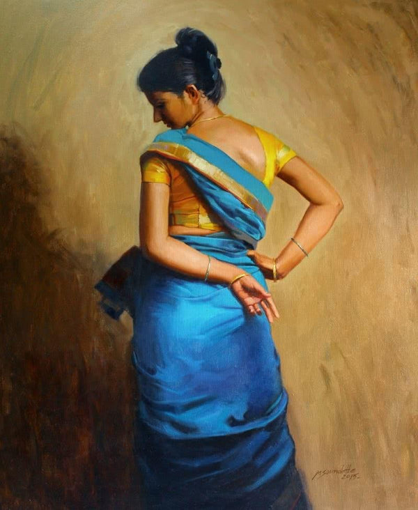 Figurative oil painting titled 'Looking Back', 42x36 inches, by artist Mahesh Soundatte on Canvas