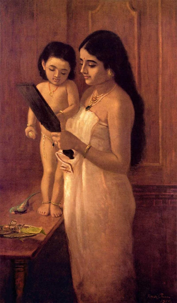 Figurative oil painting titled 'Looking Into The Mirror', 36x21 inches, by artist Raja Ravi Varma Reproduction on Canvas