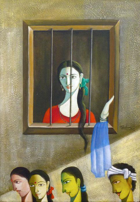 Figurative acrylic painting titled 'Looking Outside The Window', 30x20 inches, by artist Shivkumar on Canvas