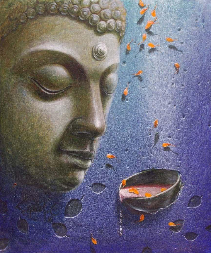 Religious acrylic painting titled 'Lord Buddha', 23x19 inches, by artist Gopal Chowdhury on Canvas