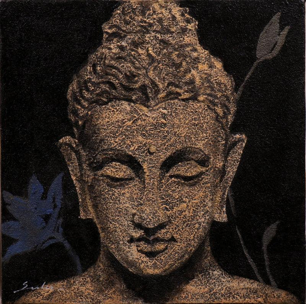 Religious acrylic painting titled 'Lord Buddha Meditation 1', 12x12 inches, by artist Sulakshana Dharmadhikari on Canvas