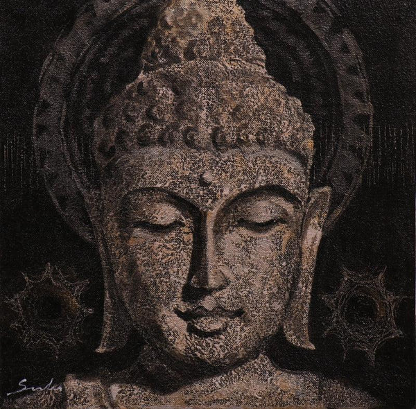 Figurative acrylic painting titled 'Lord Buddha Meditation 2', 12x12 inches, by artist Sulakshana Dharmadhikari on Canvas