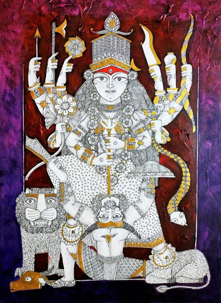 Religious acrylic ink painting titled 'Lord Durga', 17x12 inches, by artist Samik De on Paper