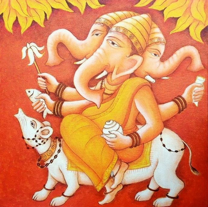 Religious acrylic painting titled 'Lord Ganapati 10', 24x24 inches, by artist Anirban Seth on Canvas