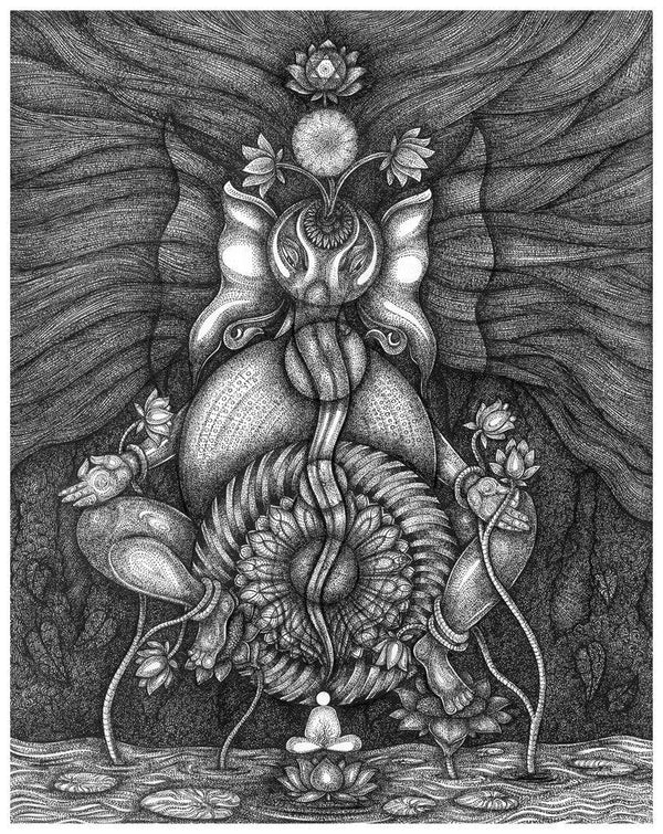 Religious pen ink drawing titled 'Lord Ganesh Meditation', 15x12 inches, by artist V Vasandan on Paper