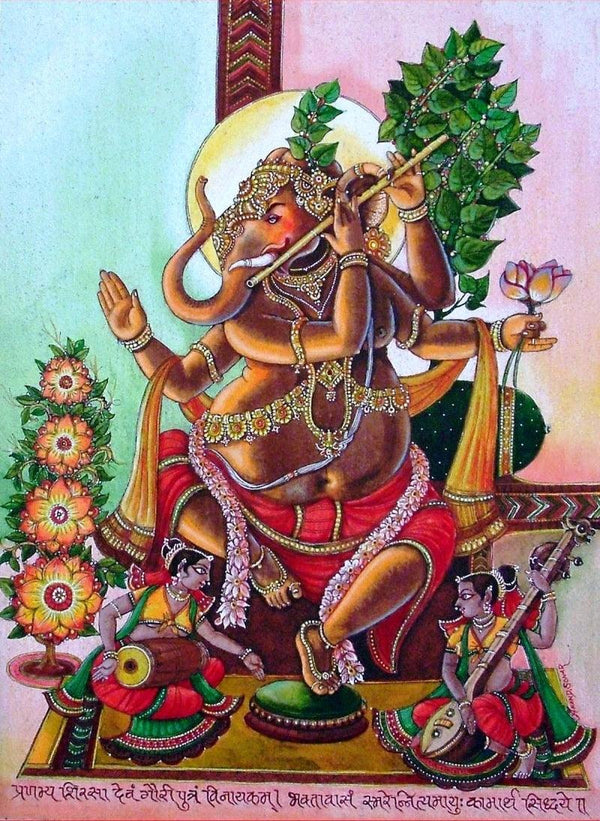 Religious mixed media painting titled 'Lord Ganesha 2', 24x22 inches, by artist Anand Sonar on Handmade Paper