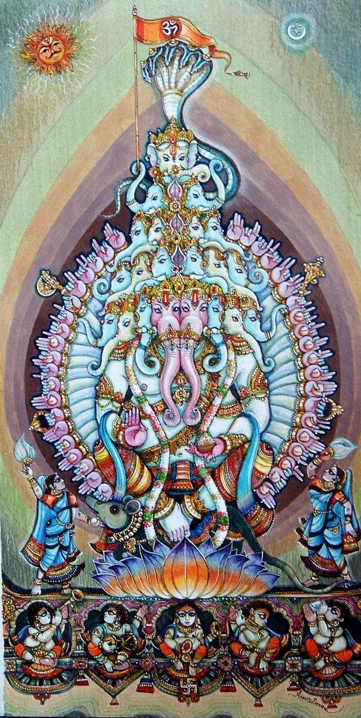 Religious mixed media painting titled 'Lord Ganesha 3', 30x18 inches, by artist Anand Sonar on Handmade Paper