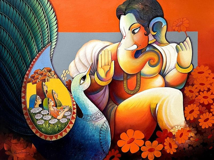 Religious acrylic painting titled 'Lord Ganesha', 36x48 inches, by artist Sanjay Tandekar on Canvas