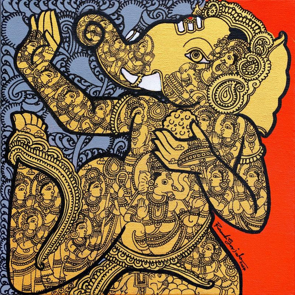 Religious acrylic painting titled 'Lord Ganesha', 12x12 inch, by artist Ramesh Gorjala on Canvas