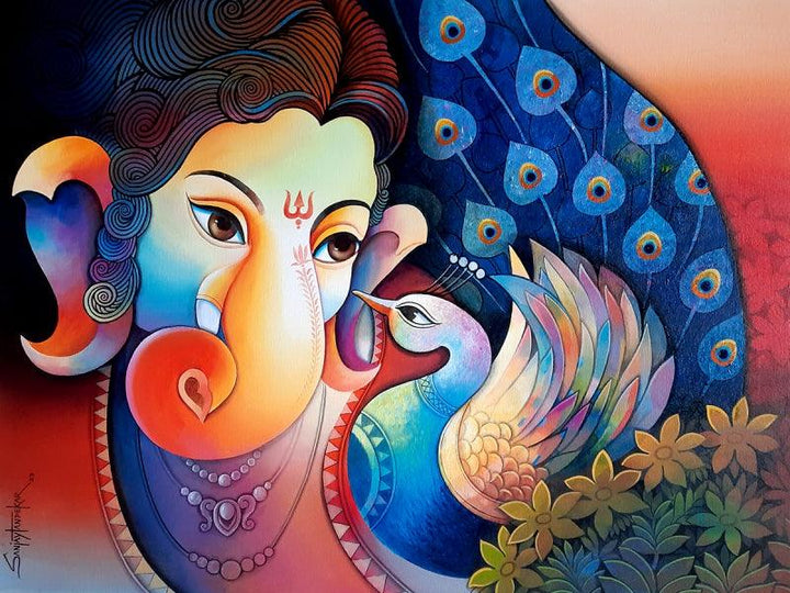 Religious acrylic painting titled 'Lord Ganesha 9', 36x48 inches, by artist Sanjay Tandekar on Canvas