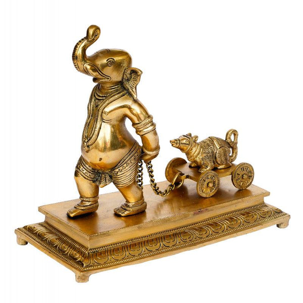 Religious handicraft titled 'Lord Ganesha Carrying Mushak Cart', 10x8x4 inches, by artist Brass Handicrafts on Brass