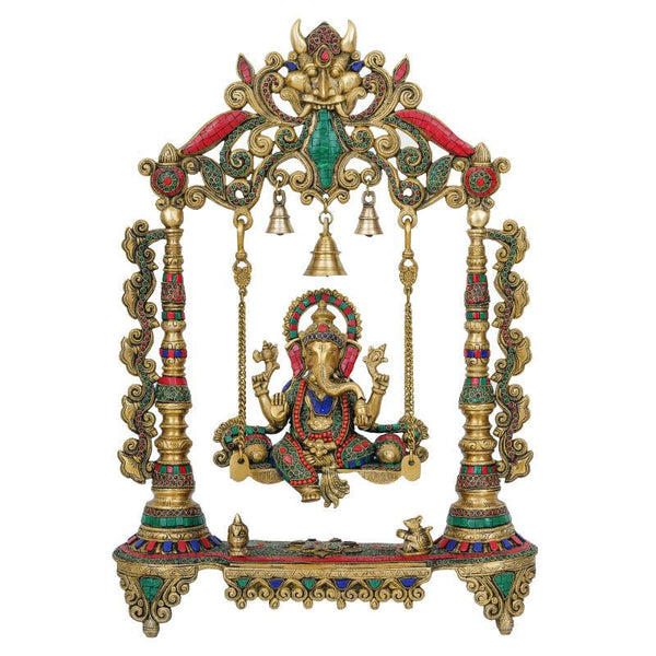 Religious handicraft titled 'Lord Ganesha On A Decorated Swing', 19x10x6 inches, by artist Brass Handicrafts on Brass