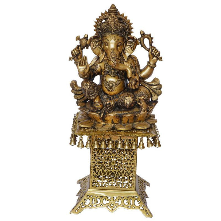 Religious handicraft titled 'Lord Ganesha On A Premium Stand With Bells', 36x17x15 inches, by artist Brass Handicrafts on Brass