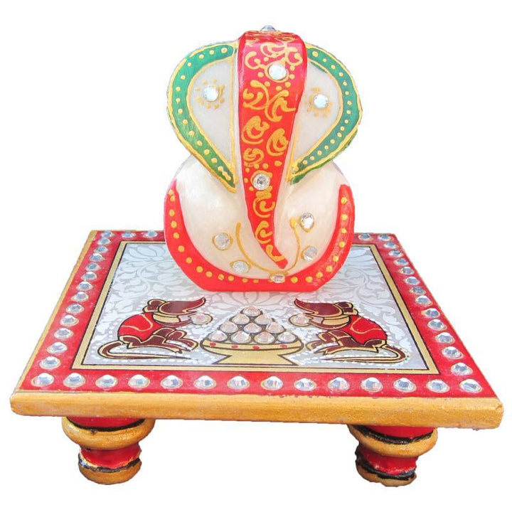 Religious craft titled 'Lord Ganesha On Chowki With Rats', 4x4x4 inches, by artist Ecraft India on Marble