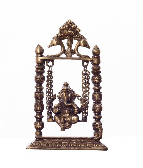 Religious handicraft titled 'Lord Ganesha On Jhoola', 11x7x3 inches, by artist Brass Handicrafts on Brass