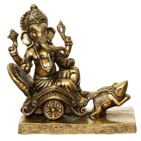 Religious handicraft titled 'Lord Ganesha On Mushak Savari', 11x12x6 inches, by artist Brass Handicrafts on Brass