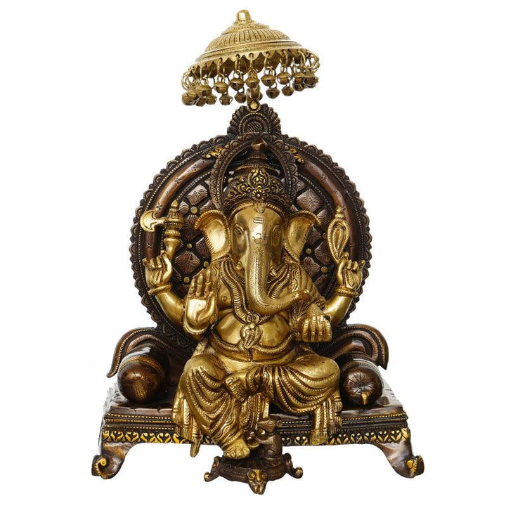 Religious handicraft titled 'Lord Ganesha Sitting On A Throne With Chhatri', 12x12x8 inches, by artist Brass Handicrafts on Brass