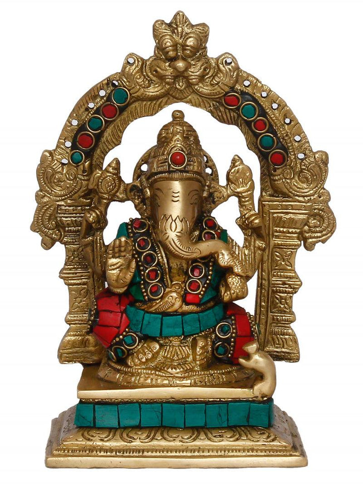 Religious handicraft titled 'Lord Ganesha Sitting On Singhasan', 7x5x3 inches, by artist Brass Handicrafts on Brass