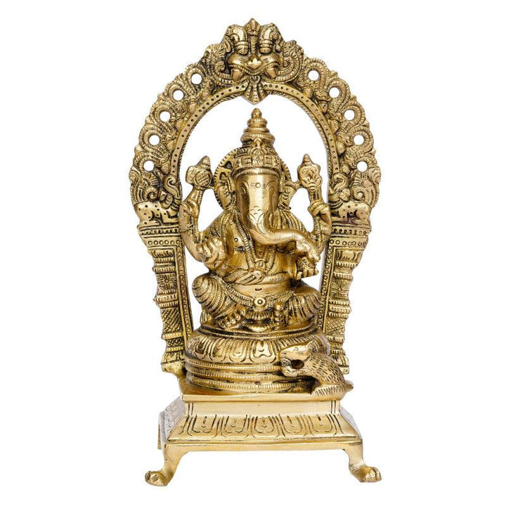 Religious handicraft titled 'Lord Ganesha Sitting On Throne', 8x5x3 inches, by artist Brass Handicrafts on Brass