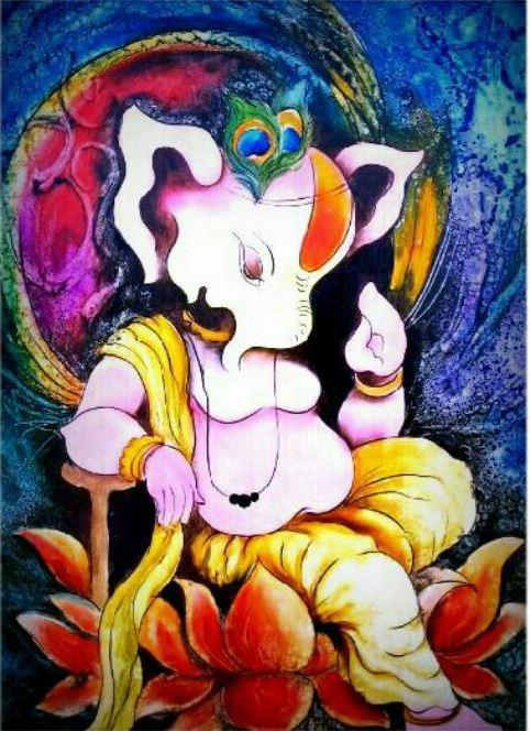 Religious oil painting titled 'Lord Ganesha with a unique look', 24x32 inches, by artist Mohd. Shakeel Saifi on Paper