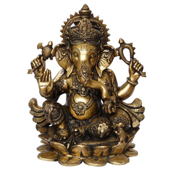 Religious handicraft titled 'Lord Ganesha With Mukhut On Lotus', 21x17x15 inches, by artist Brass Handicrafts on Brass