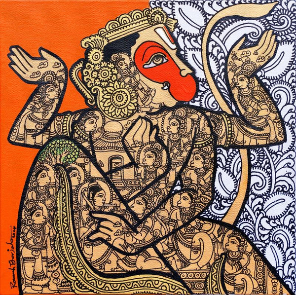 Religious acrylic painting titled 'Lord Hanuman', 12x12 inch, by artist Ramesh Gorjala on Canvas