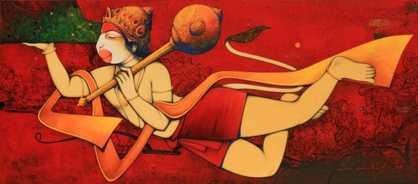 Religious acrylic painting titled 'Lord Hanuman', 42x96 inches, by artist Anand Panchal on Canvas