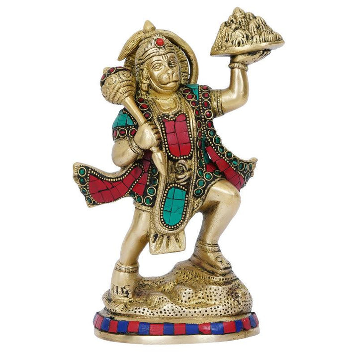 Religious handicraft titled 'Lord Hanuman Carrying Sanjeevani Mountain', 9x6x3 inches, by artist Brass Handicrafts on Brass