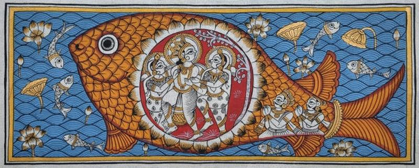 Religious phad traditional art titled 'Lord Krishna 2', 8x18 inches, by artist Abhishek Joshi on Hanmade Canvas