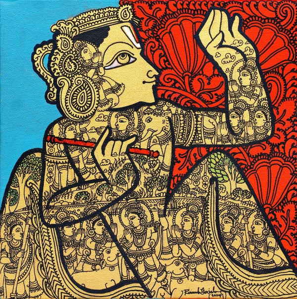 Religious acrylic painting titled 'Lord Krishna', 12x12 inch, by artist Ramesh Gorjala on Canvas