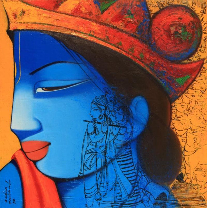 Religious acrylic painting titled 'Lord Krishna And Radha', 20x20 inches, by artist Anand Panchal on Canvas