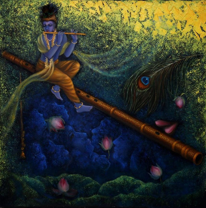 Religious oil painting titled 'Lord Krishna', 36x36 inches, by artist Rakhi Baid on Canvas