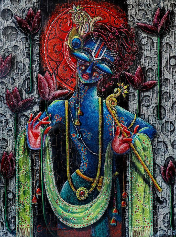 Religious acrylic painting titled 'Lord krishna (Banke Bihari Ji)', 48x36 inches, by artist Anil K Vishwa on Canvas