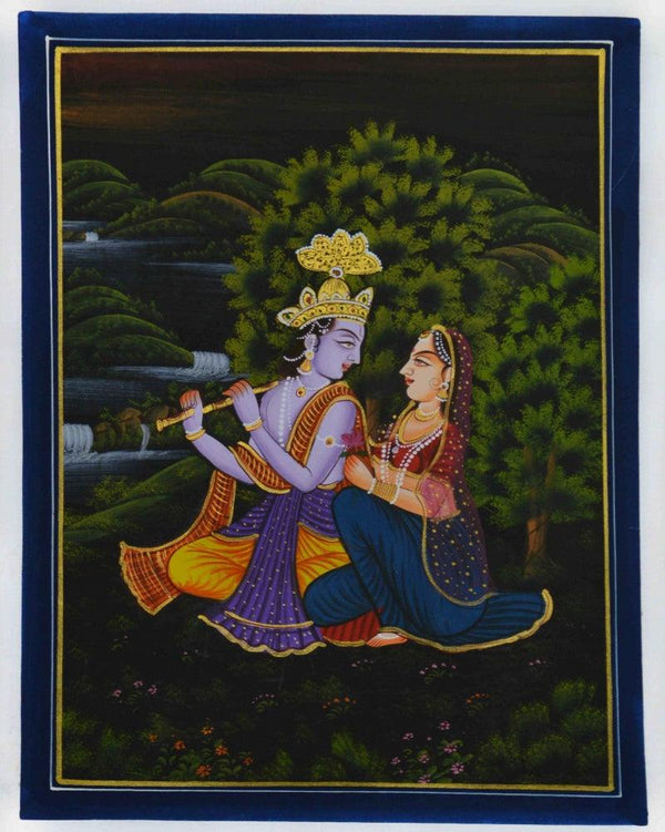 Religious miniature traditional art titled 'Lord Krishna Playing Bansuri With Radha', 15x11 inches, by artist Unknown on Silk