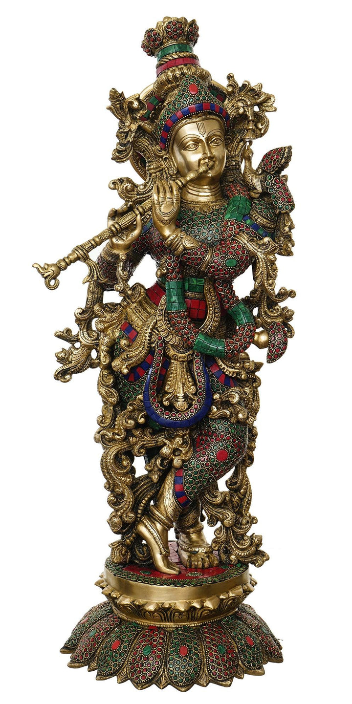 Religious handicraft titled 'Lord Krishna Playing Flute 2', 26x12x9 inches, by artist Brass Handicrafts on Brass