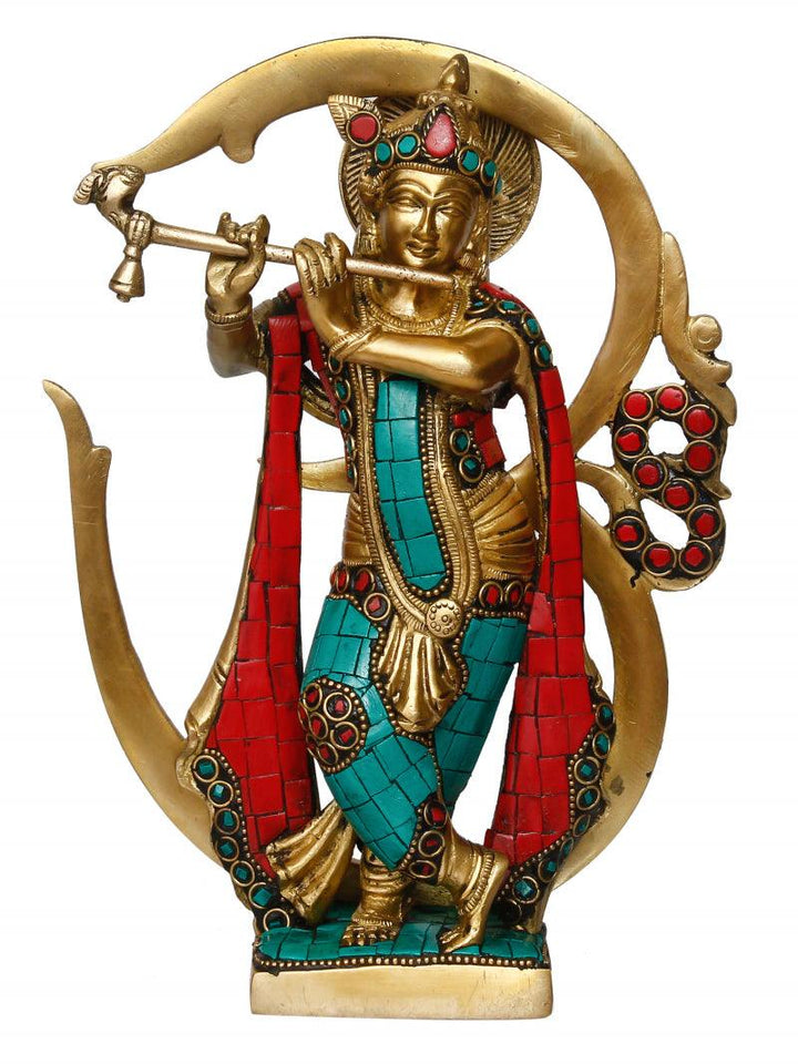 Religious handicraft titled 'Lord Krishna Playing With Om Idol', 9x7x2 inches, by artist Brass Handicrafts on Brass