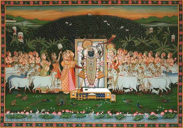 Religious tribal painting titled 'Lord Krishna Sandhya Aarti', 48x72 inches, by artist Rajendra Khanna on Cloth