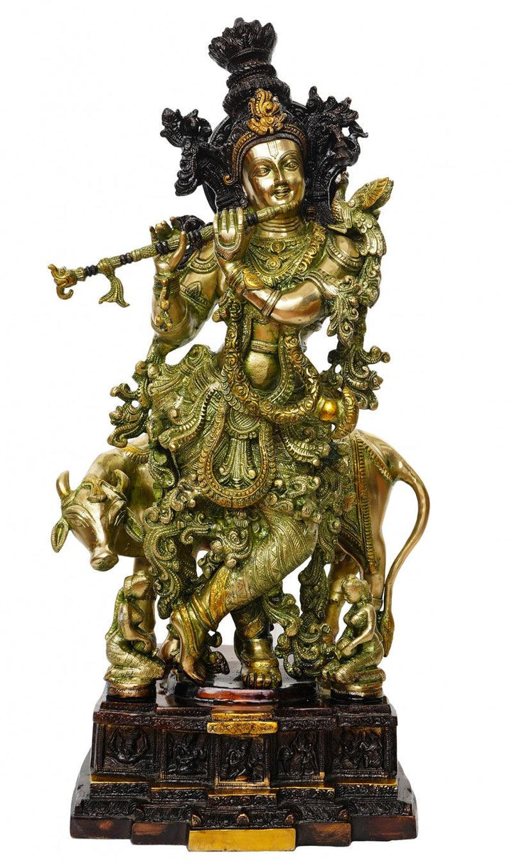 Religious handicraft titled 'Lord Krishna Sitting On Cow And Playing', 29x12x11 inches, by artist Brass Handicrafts on Brass