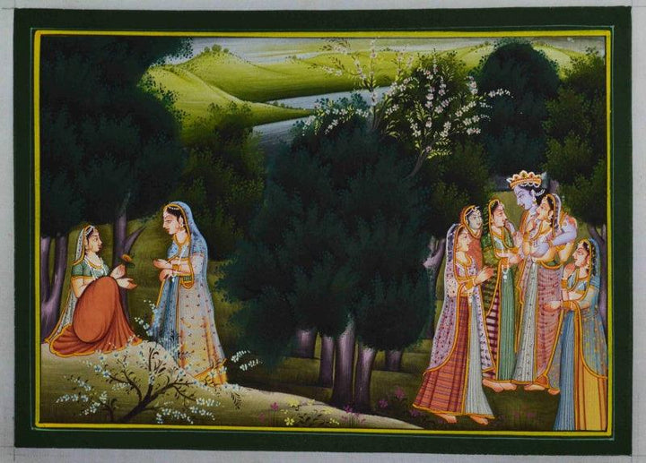 Religious miniature traditional art titled 'Lord Krishna With Gopis', 12x9 inches, by artist Unknown on Silk