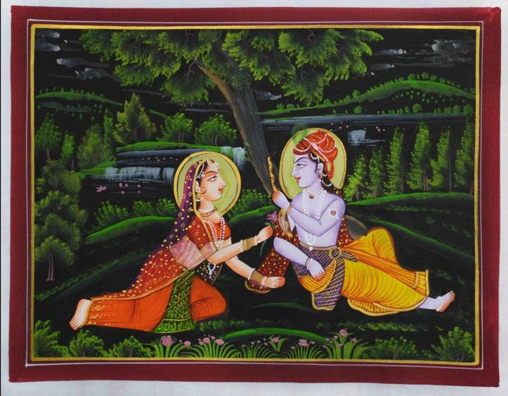 Religious miniature traditional art titled 'Lord Krishna With Radhaji', 15x11 inches, by artist Unknown on Silk