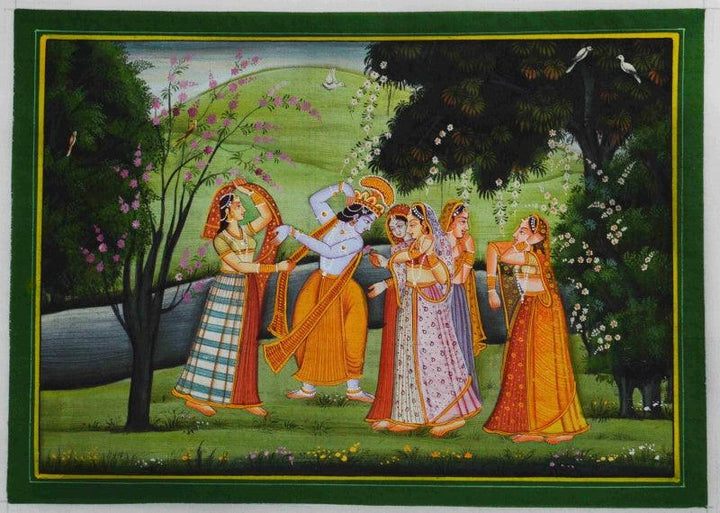 Religious miniature traditional art titled 'Lord Krishna With Radhaji In Raas Leela', 12x9 inches, by artist Unknown on Silk