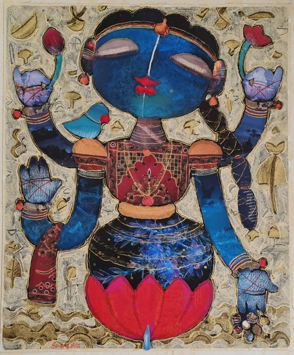 Religious mixed media painting titled 'Lord Lakshmi', 24x20 inches, by artist G Subramanian on Canvas