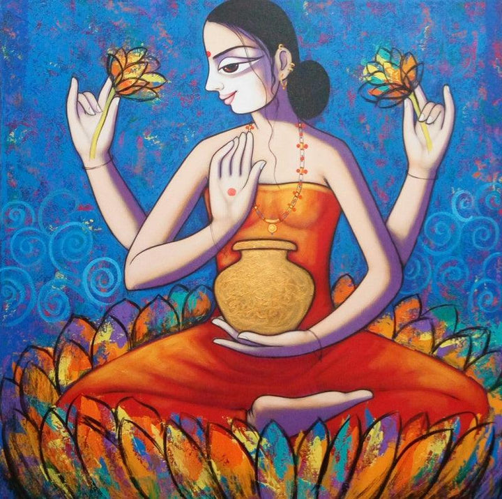 Religious acrylic painting titled 'Lord Laxmi', 30x30 inches, by artist Pravin Utge on Canvas