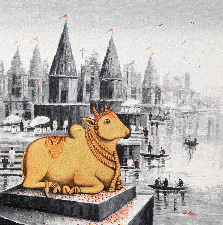 Cityscape acrylic painting titled 'Lord Nandi At Banaras Ghat 1', 24x24 inches, by artist Reba Mandal on Canvas