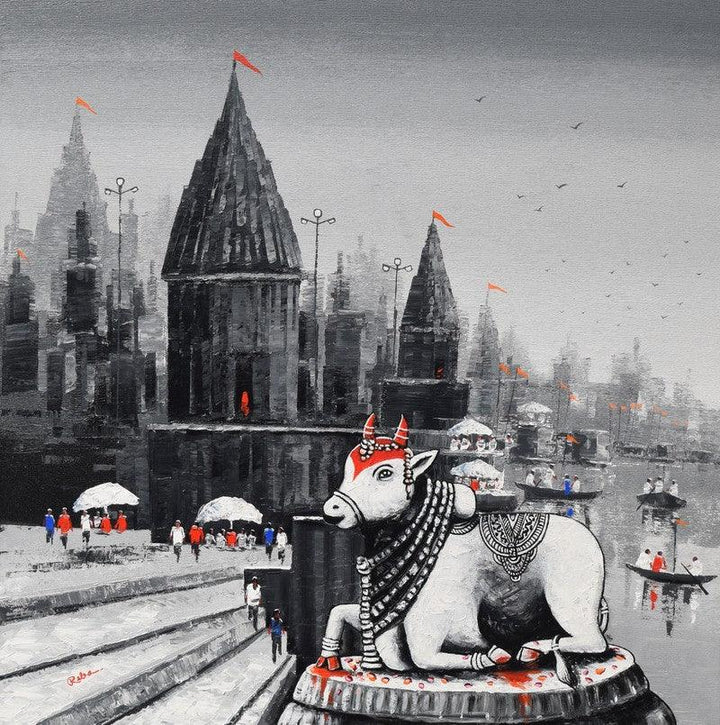 Cityscape acrylic painting titled 'Lord Nandi At Banaras Ghat 3', 30x30 inches, by artist Reba Mandal on Canvas