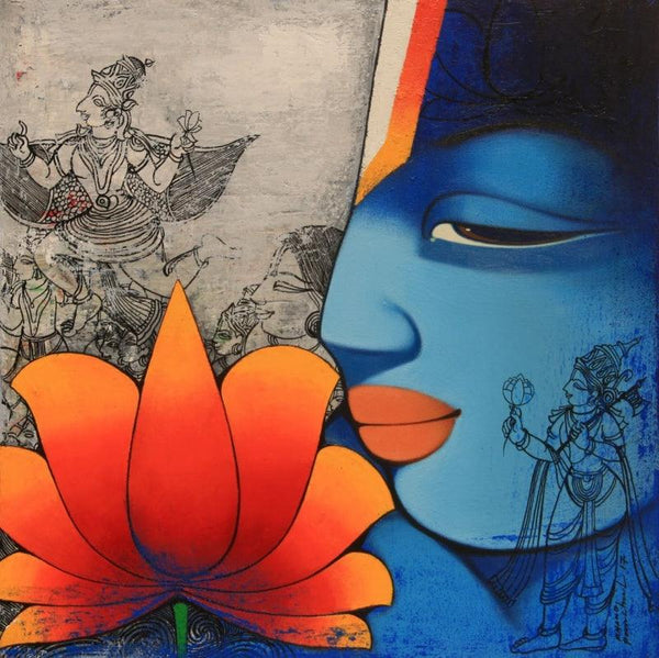 Religious acrylic painting titled 'Lord Ram', 20x20 inches, by artist Anand Panchal on Canvas